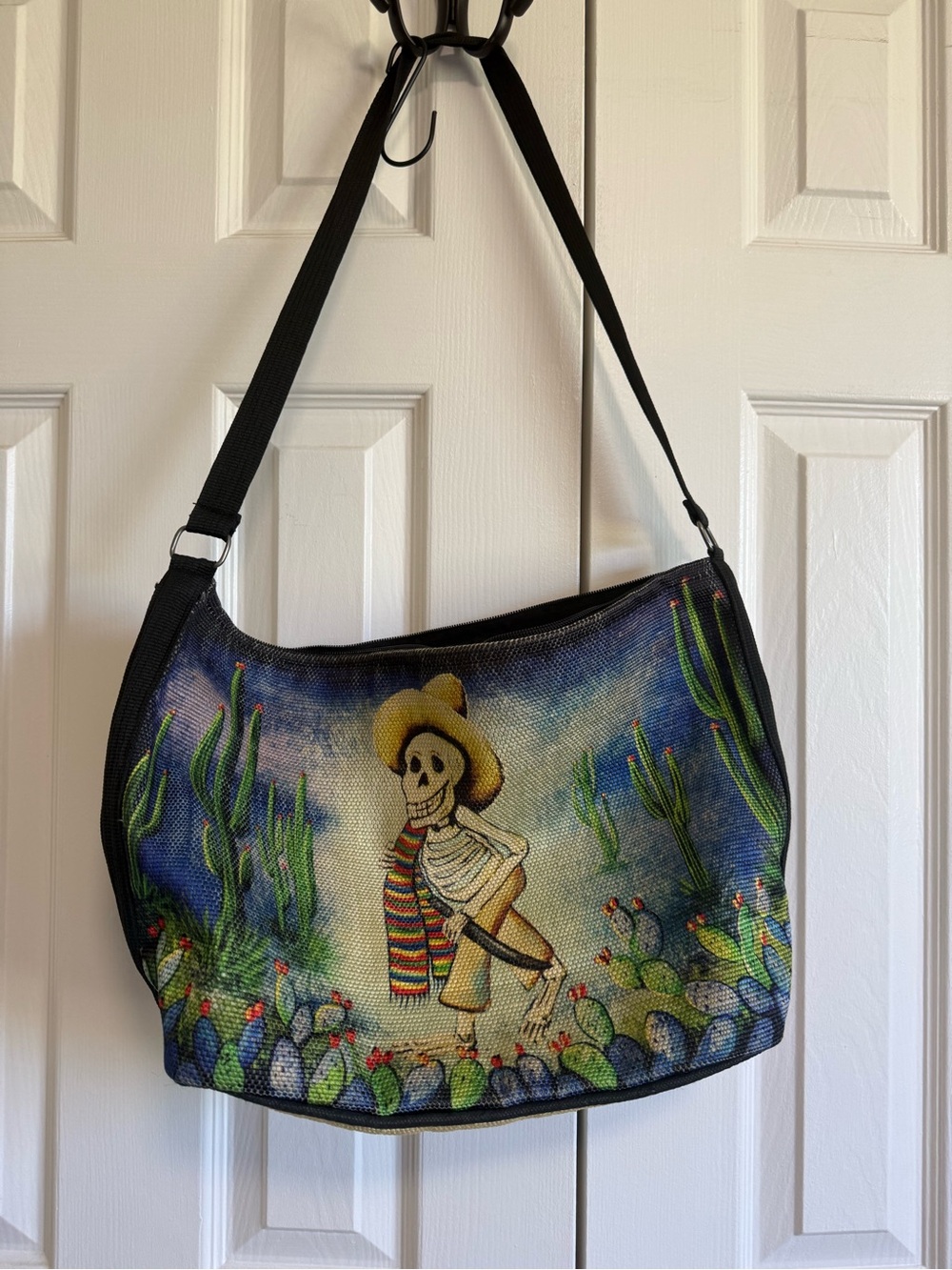 Skeleton Cowboy Canvas Shoulder Bag in Multicolor. Day day of the dead.